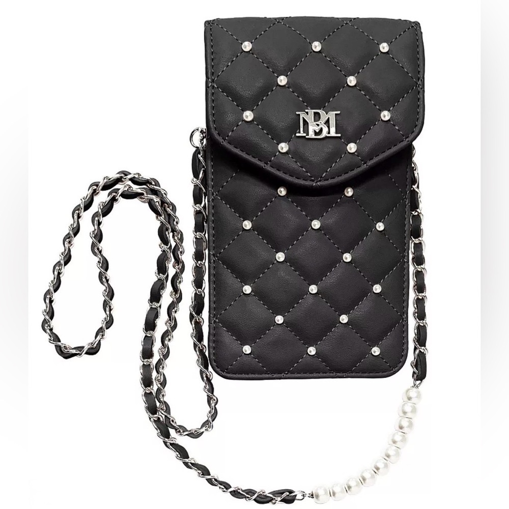 NWT Badgley Mischka Black Pearls Phone Case Crossbody Silver Hardware Quilted